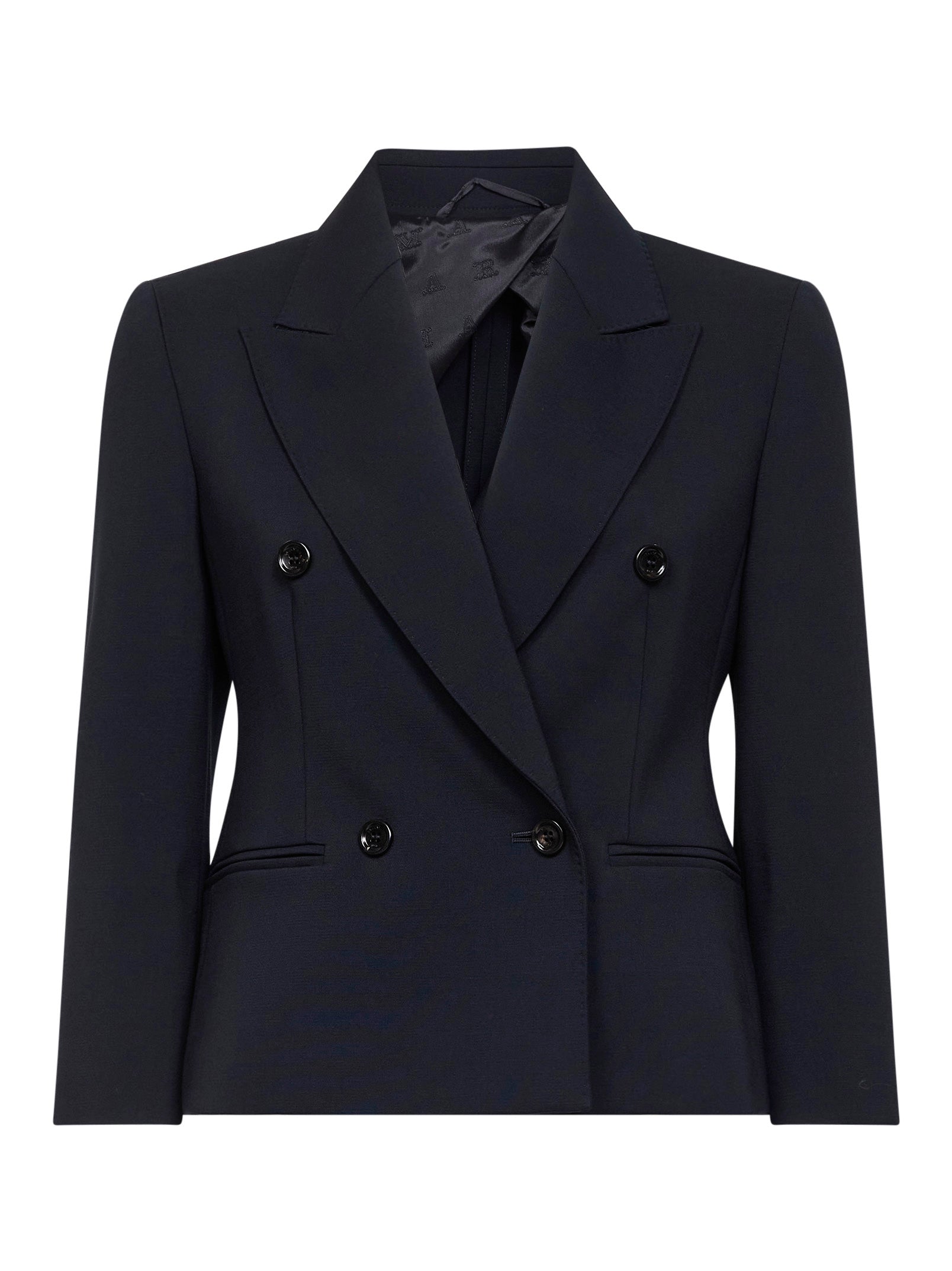 Double-Breasted Cropped Wool Blazer — Navy