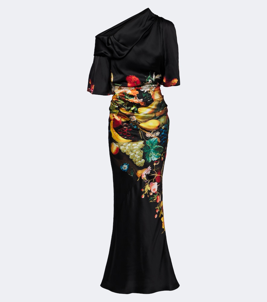 Draped printed silk satin gown