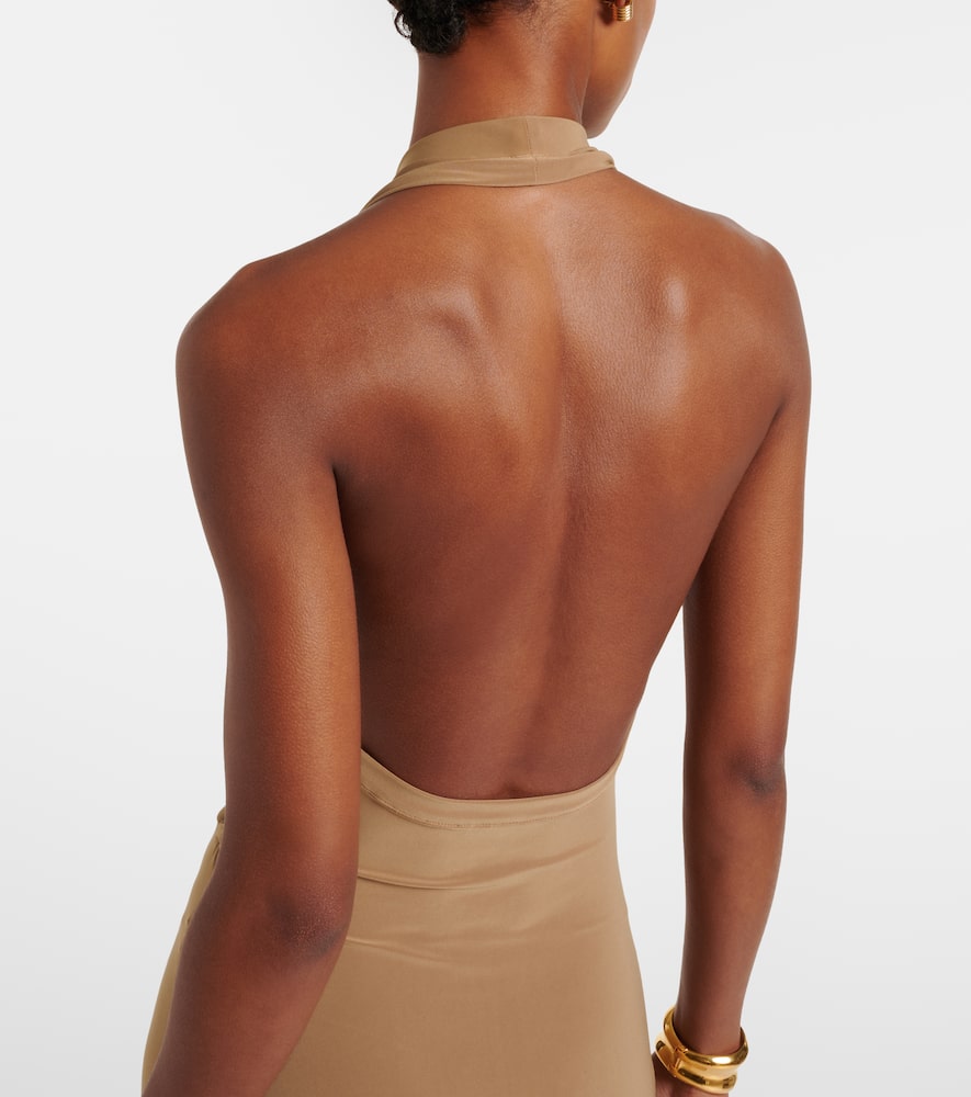 Draped halterneck open-back gown