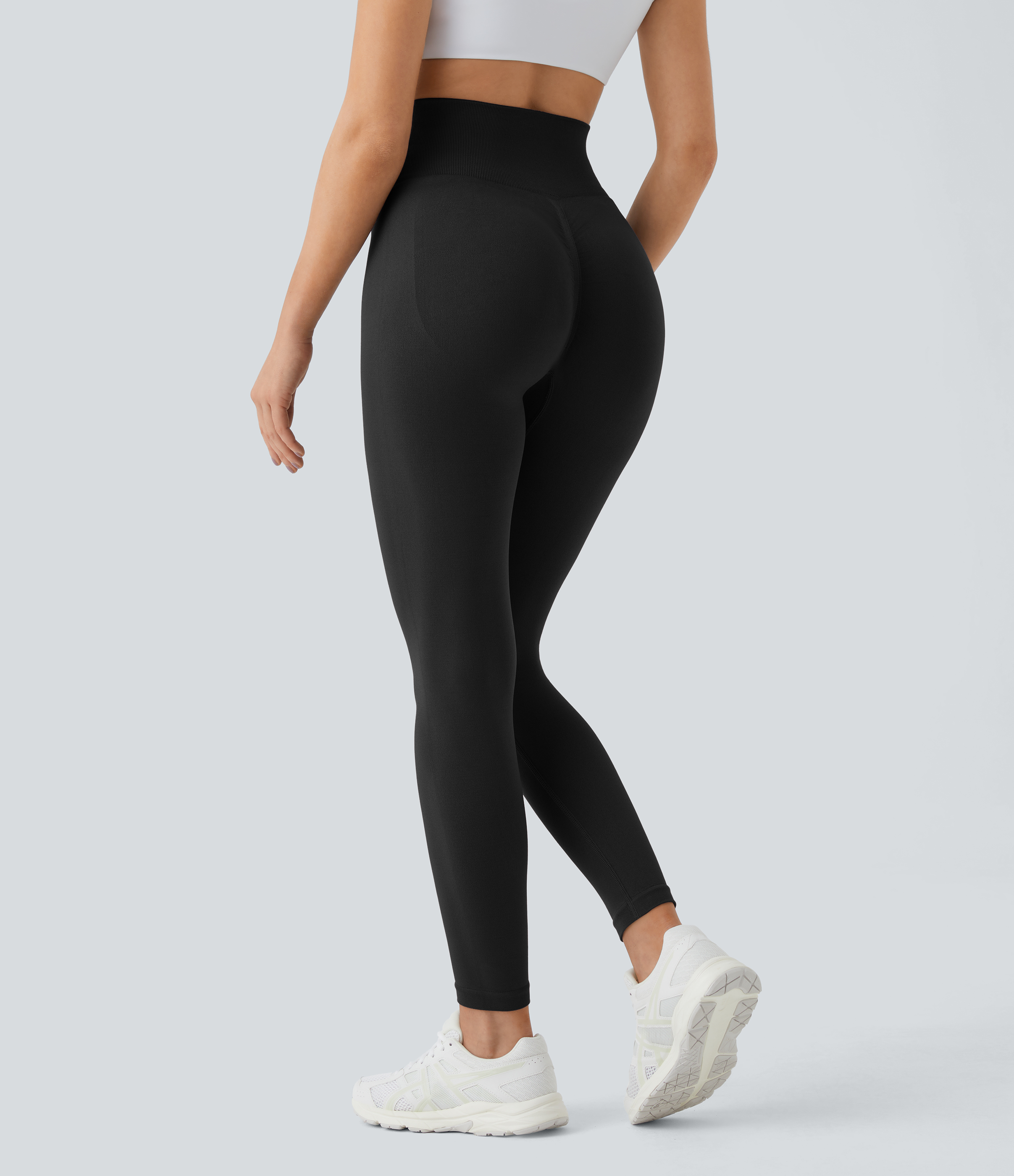 Seamless Flow High Waisted Ruched Plain Leggings  - Black