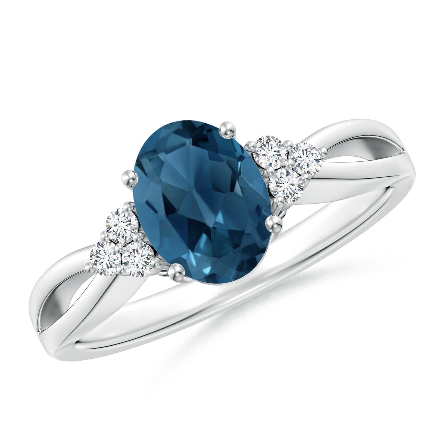 Angara 1.5 Carats Oval London Blue Topaz Split Shank Ring with Trio Diamonds in Silver