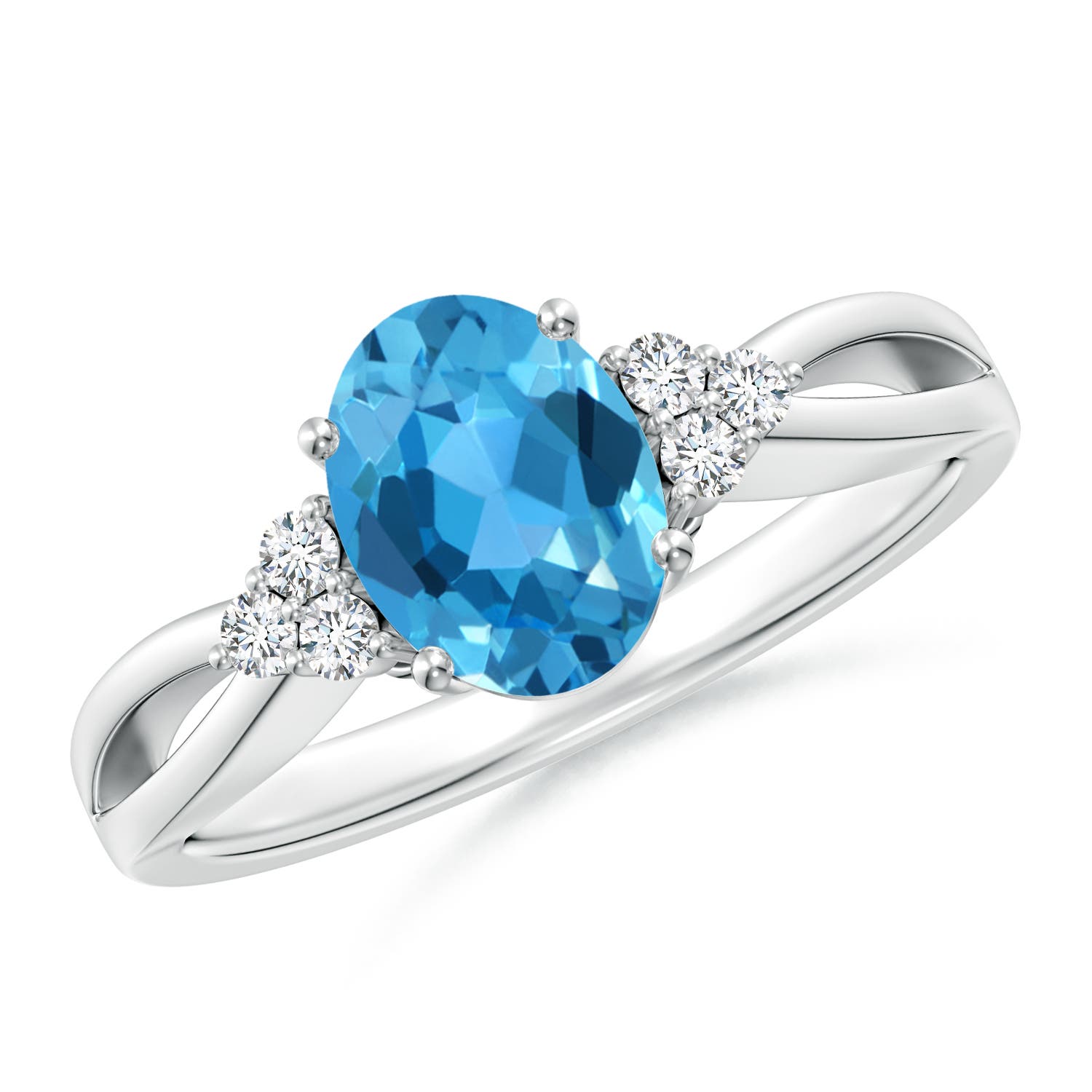 Angara 1.5 Carats Oval Swiss Blue Topaz Split Shank Ring with Trio Diamonds in Platinum