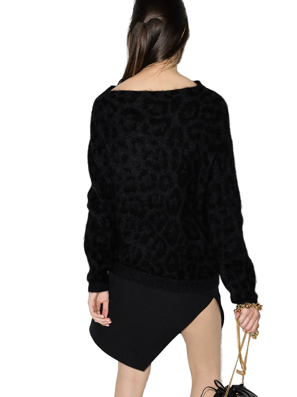 Off-Shoulder Leopard Knit Sweater — Black
