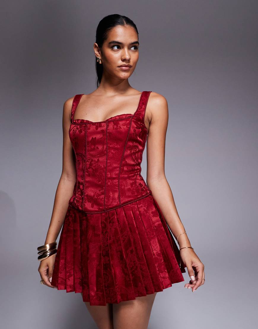 Satin jacquard structured corset square neck pleated mini dress in red