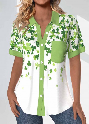 Modlily Avocado Green Patchwork Saint Patrick's Day Print Blouse