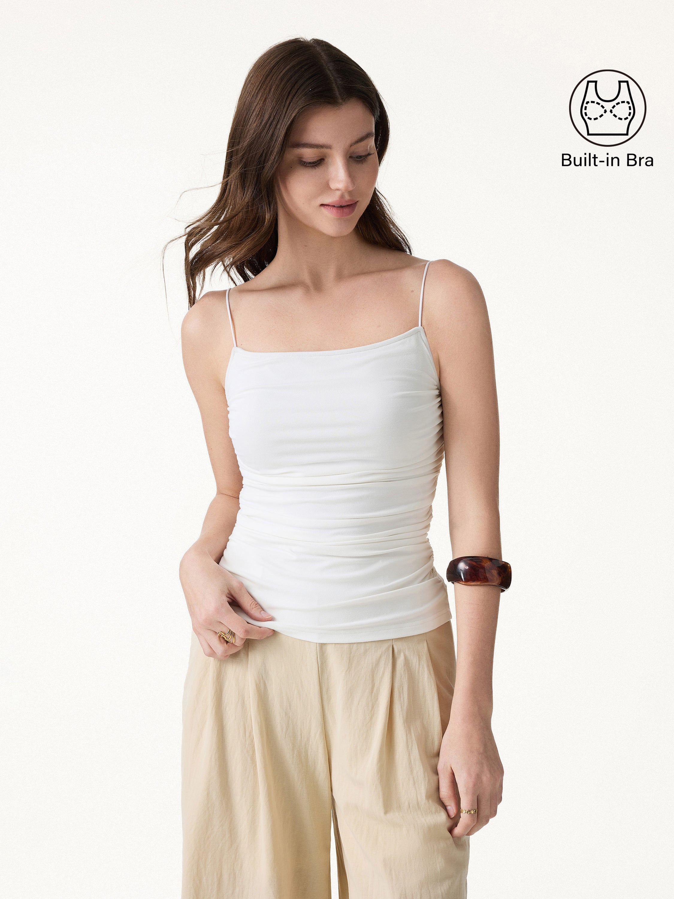 SkinKiss Square Neck Ruched Spaghetti Bra Top - Pure White