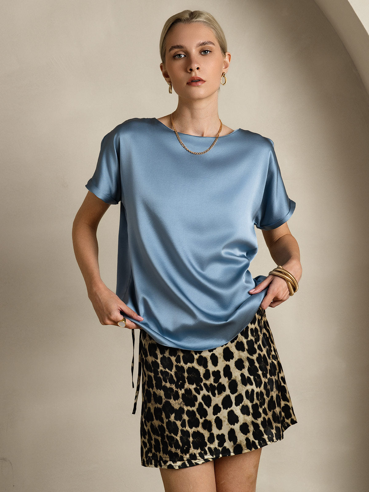 19Momme Women's Silk Short Sleeve Boat Neck T-Shirt
