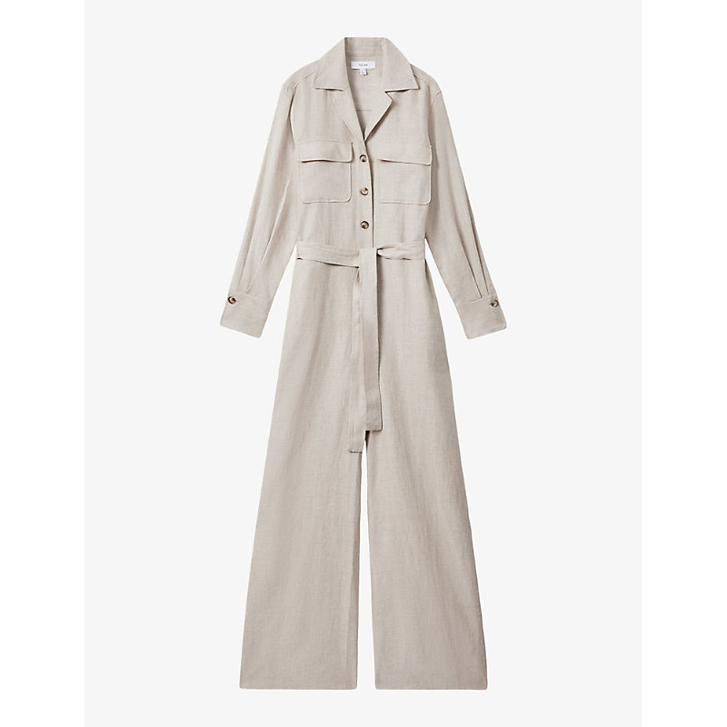 Womens Neutral Anita Long-sleeve Wide-leg Linen Jumpsuit