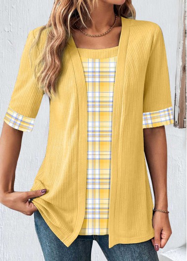 Modlily Yellow Fake 2in1 Plaid Half Sleeve T Shirt
