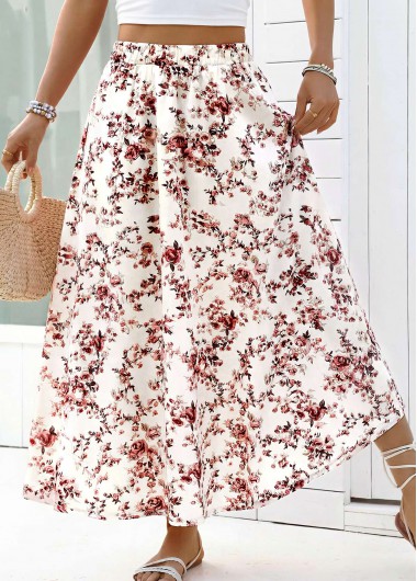 Modlily White Floral Print A Line Elastic Waist Maxi Skirt
