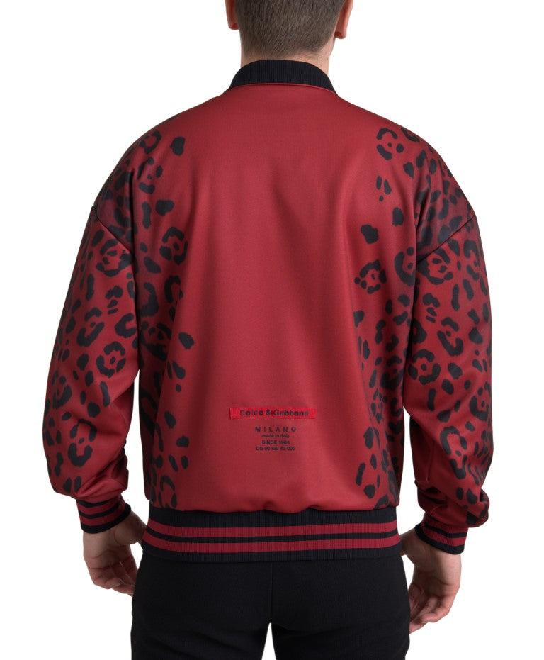 Leopard-Print Polyester Bomber Jacket — Red