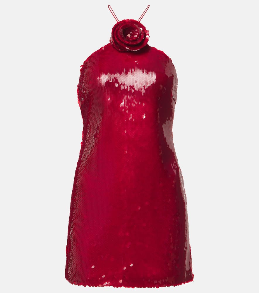 Floral-appliqué sequined halterneck minidress