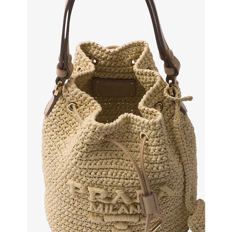 Womens Neutral Logo-embroidered Raffia Bucket bag 