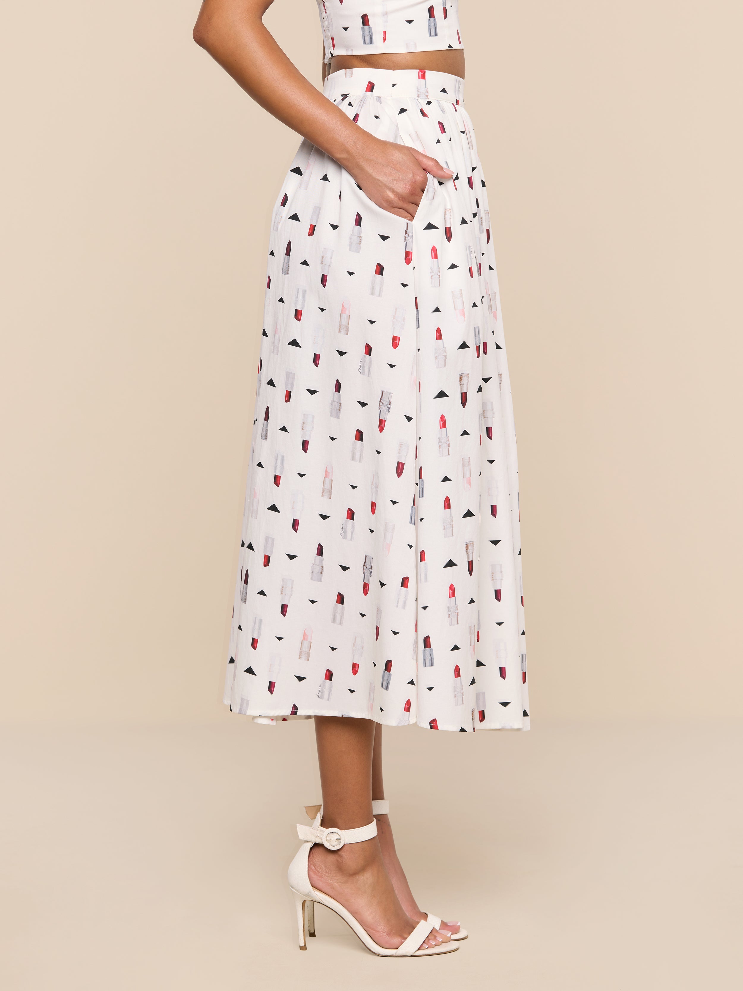 Seina Poplin Midi Skirt In Ivory Multi Lipstick Geo