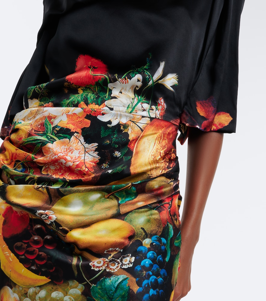 Draped printed silk satin gown