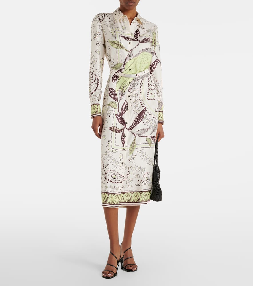 Belted printed silk midi dress
