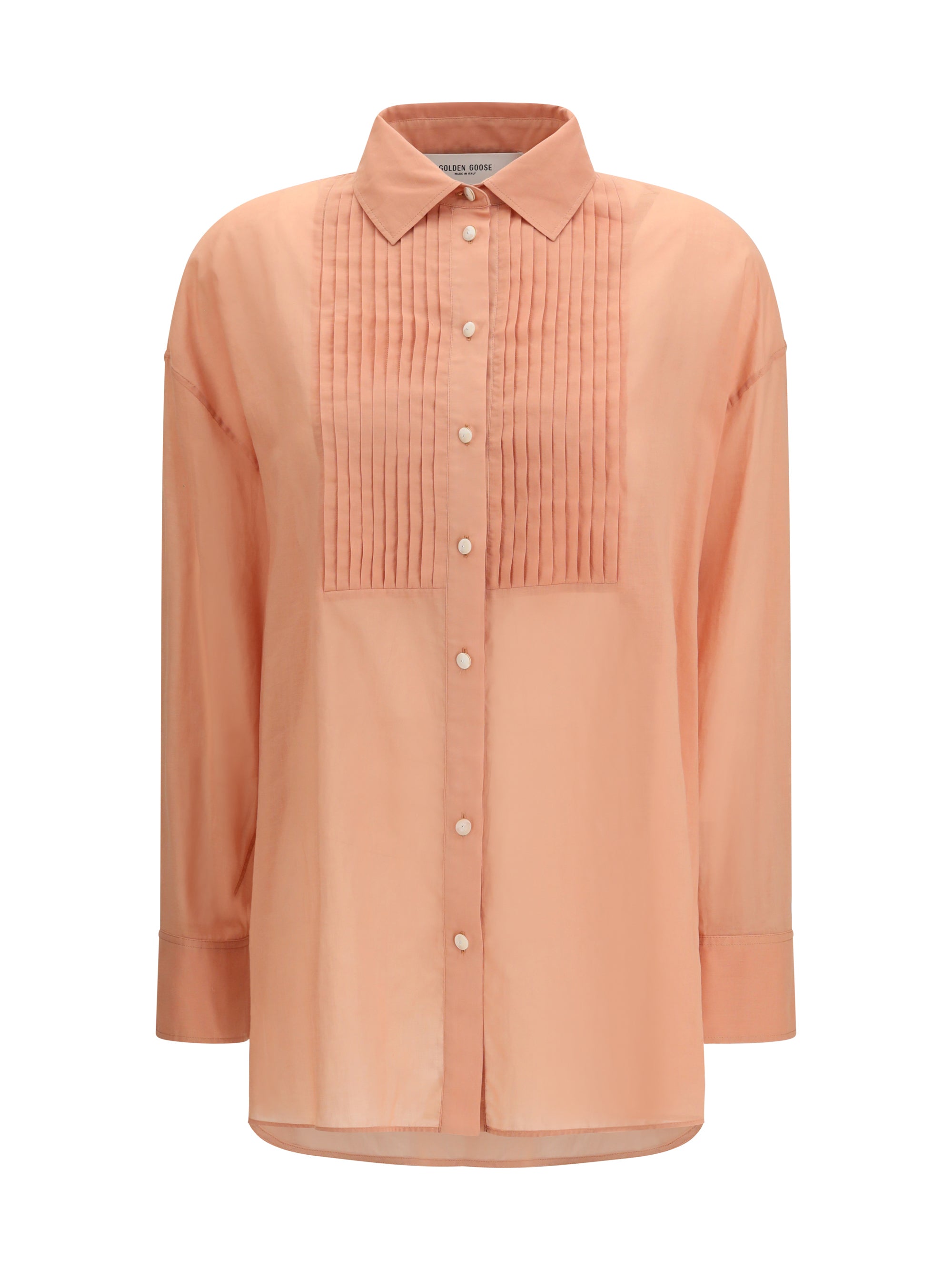 Pleated Bib Cotton Shirt — Pink