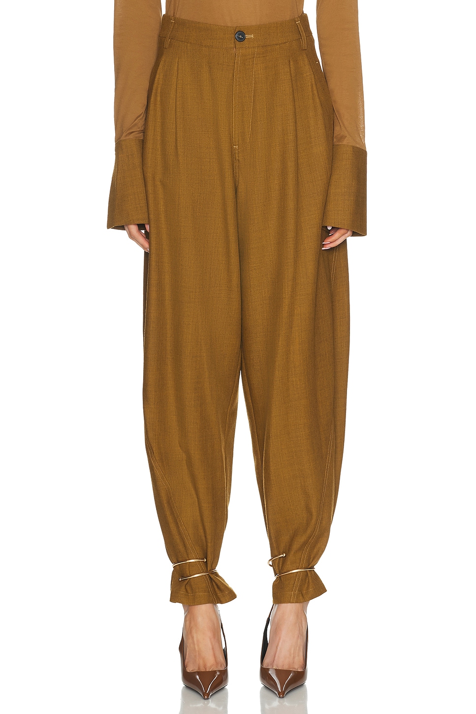 DARKPARK Phebe Cuff Adorned Wide Leg Fluid Wool Pant in Ochre - Brown. 42 also