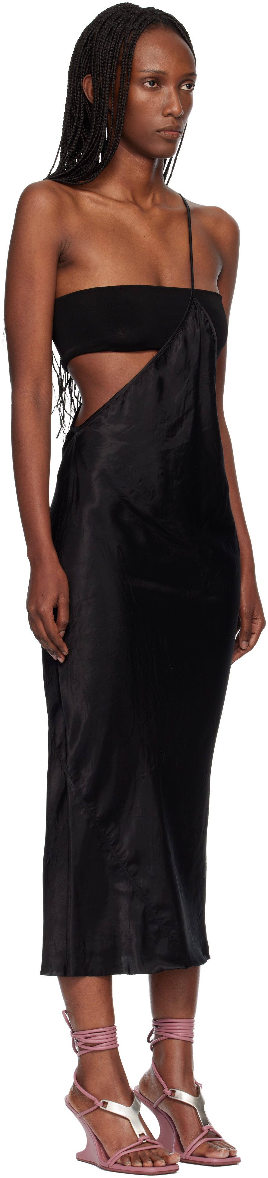 Black Temple Bias Strap Midi Dress