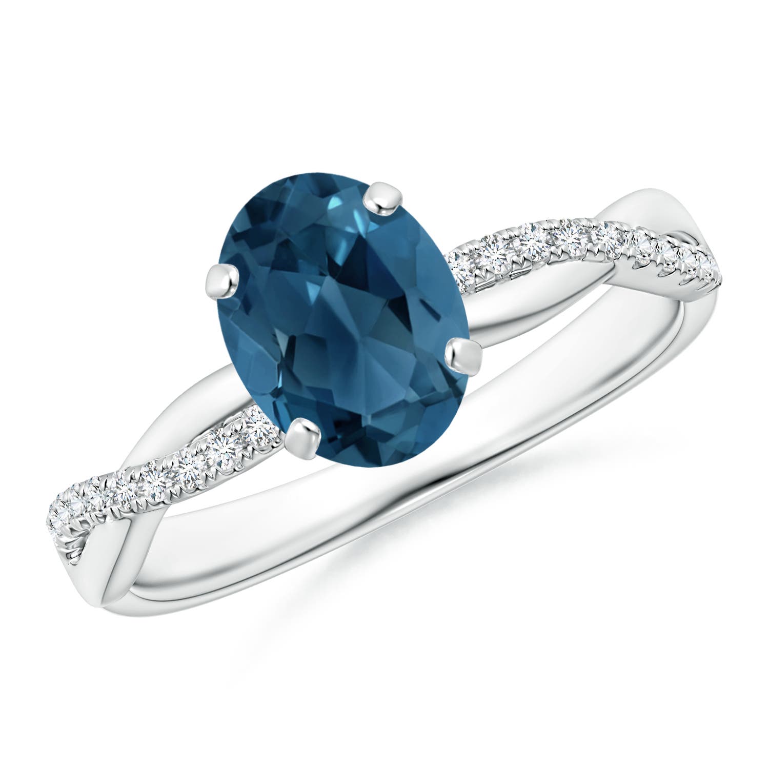 Angara 1.5 Carats Oval London Blue Topaz Twist Shank Ring with Diamonds in Silver