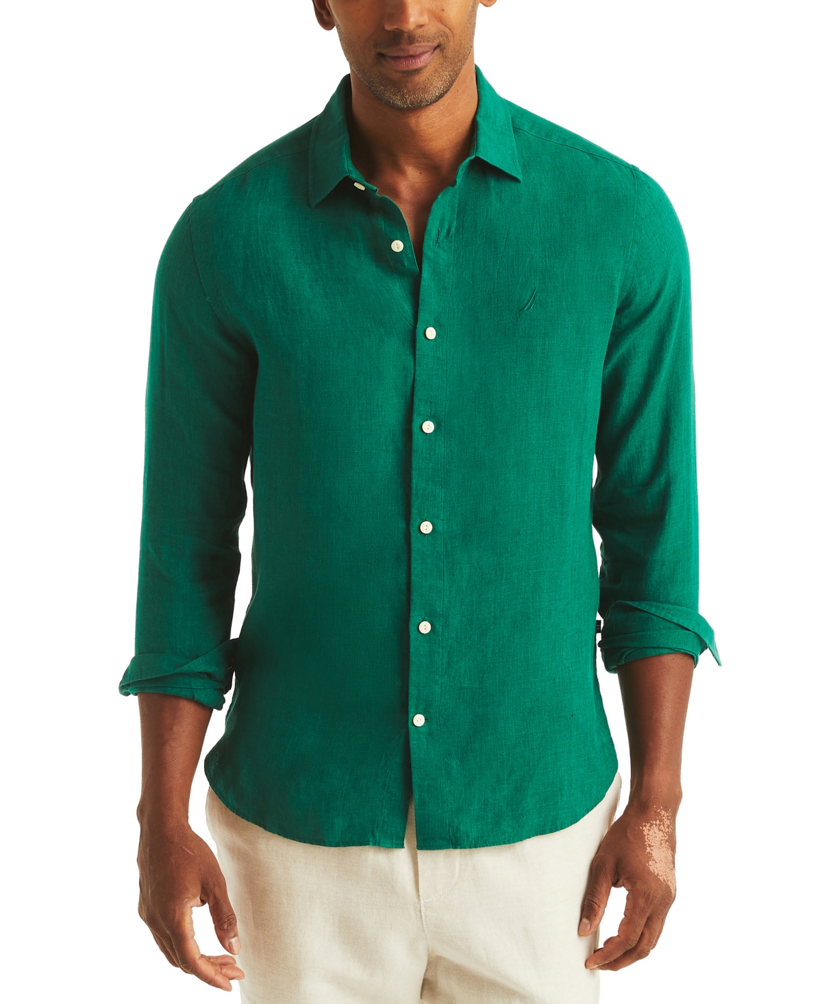 Men's Linen Solid-Color Classic-Fit Long-Sleeve Shirt - Green Leaf