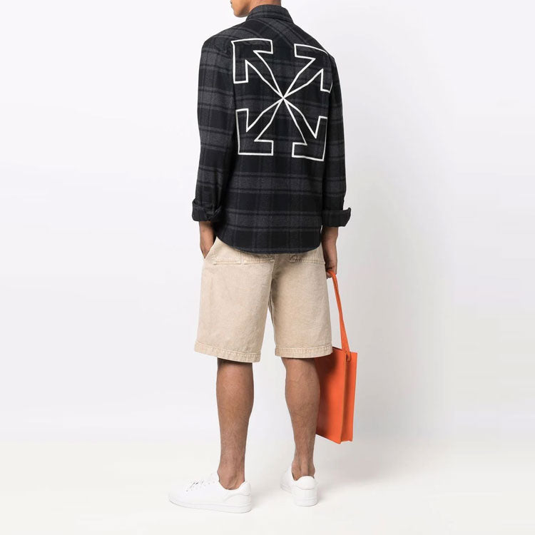 Men's Logo Plaid Flannel Long Sleeves Loose Fit Gray Shirt
