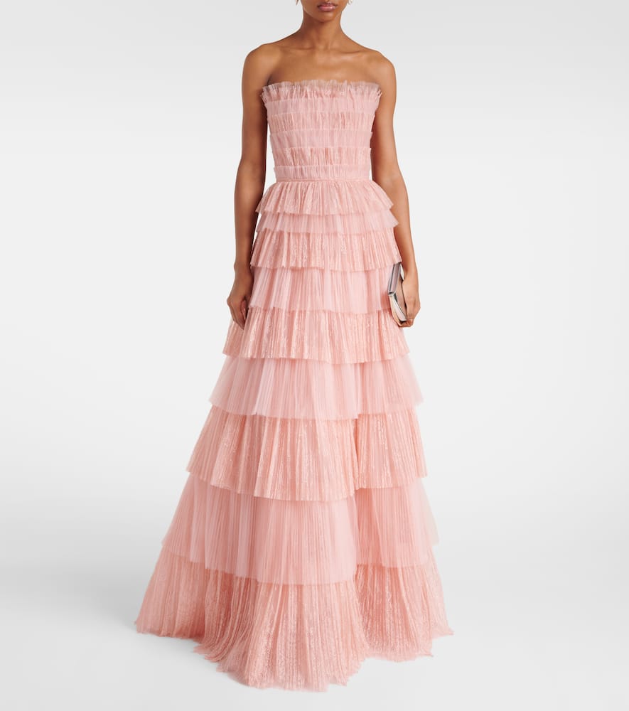Trissa plissé tiered tulle and lace gown