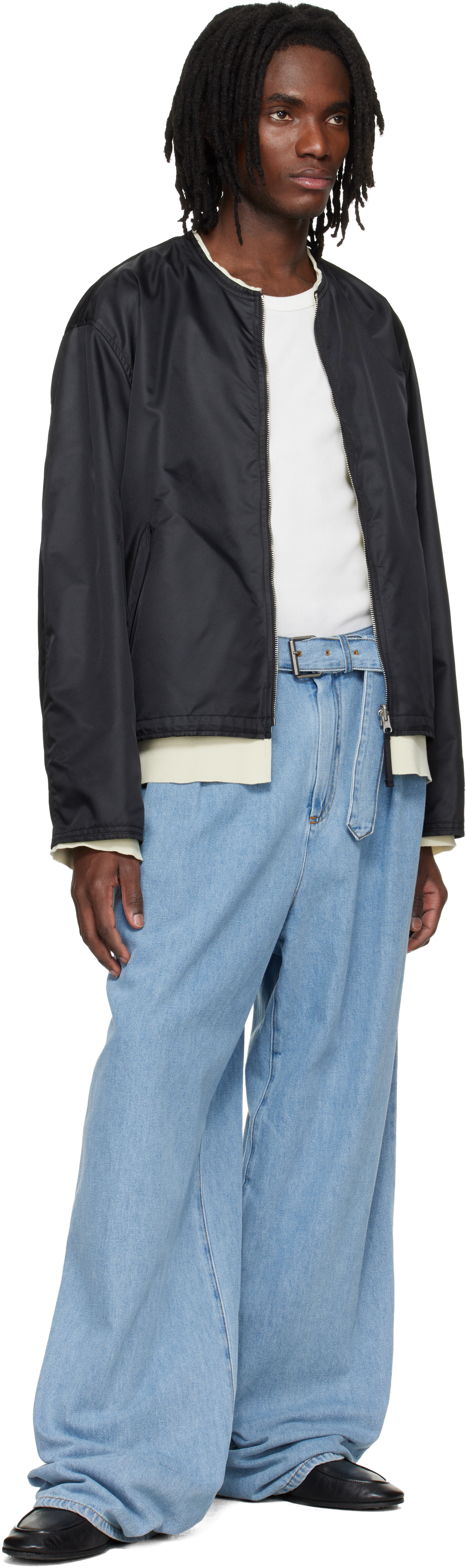 Black Layered Collarless Reversible Bomber Jacket