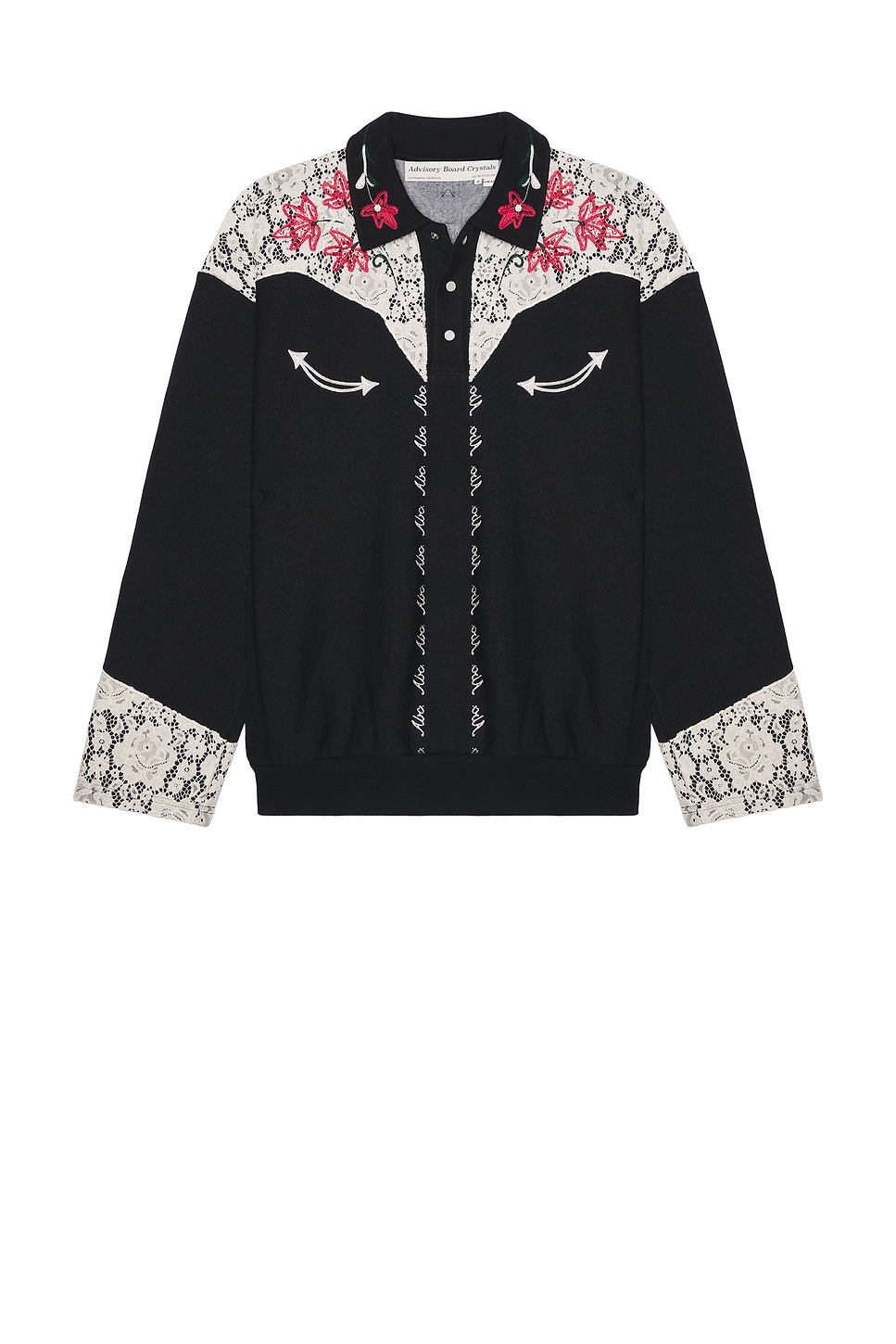 Advisory Board Crystals Western Shirt Style Collared Crew in Black & Ecru Lace - Black. XL/1X also in