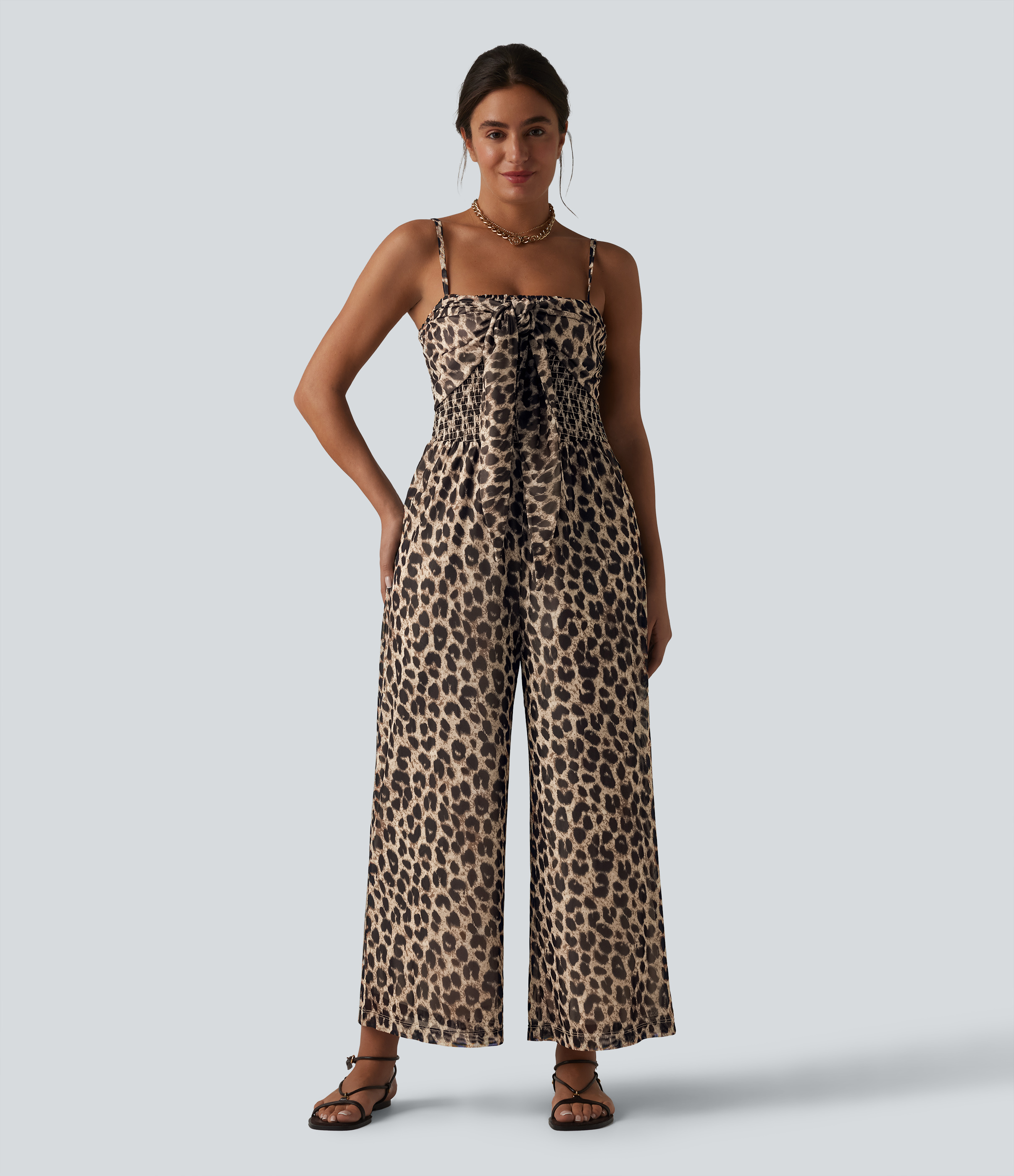 Tie-front Shirred Leopard Mesh Casual Slip Baggy Jumpsuit with Pockets  - Gold Leopard Print