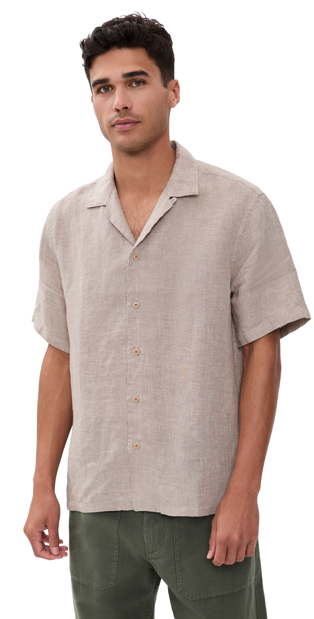 Short Sleeve Laguna Linen Camp Shirt Khaki Pincheck