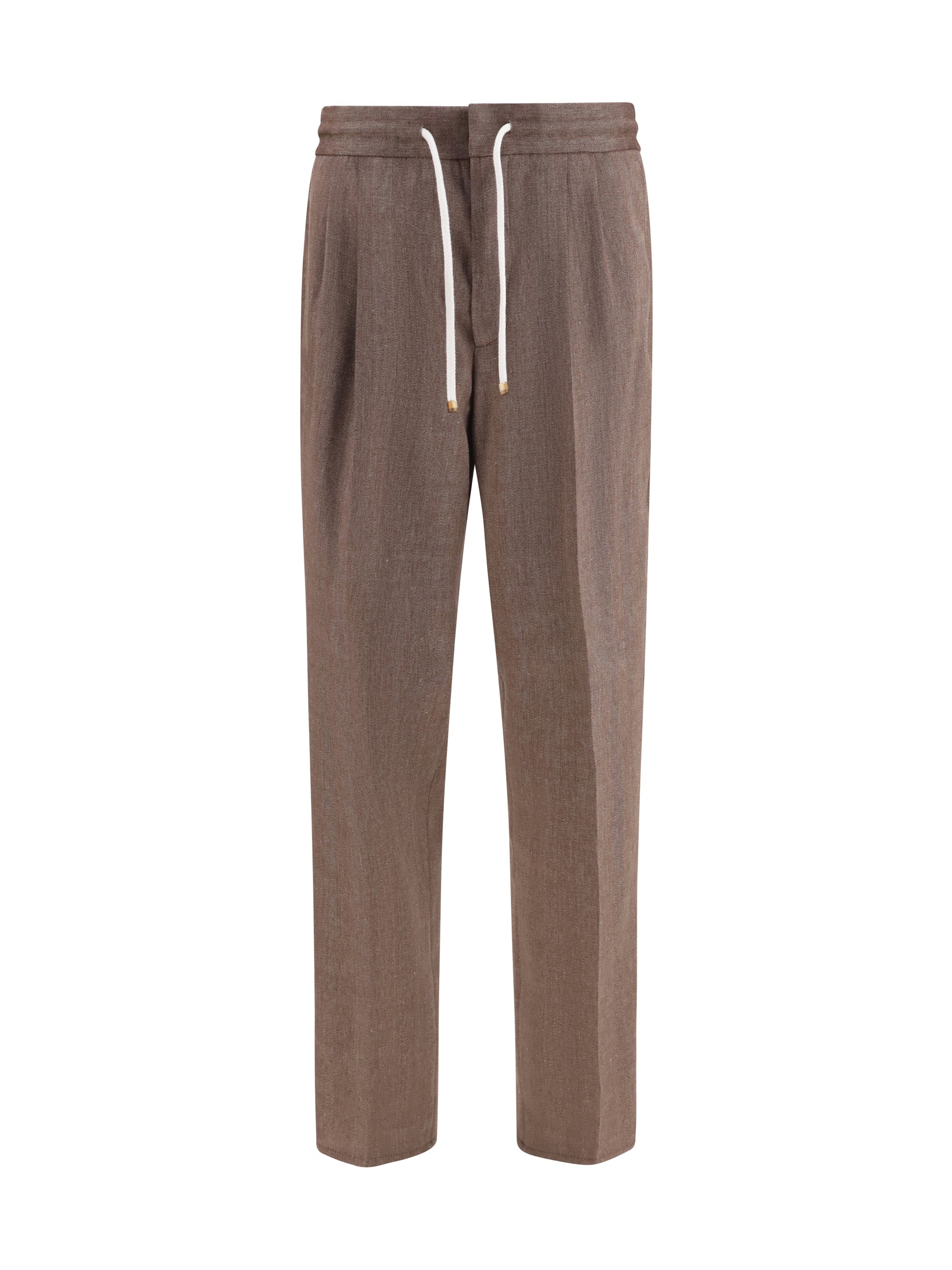 Herringbone Linen-Wool Trousers — Brown