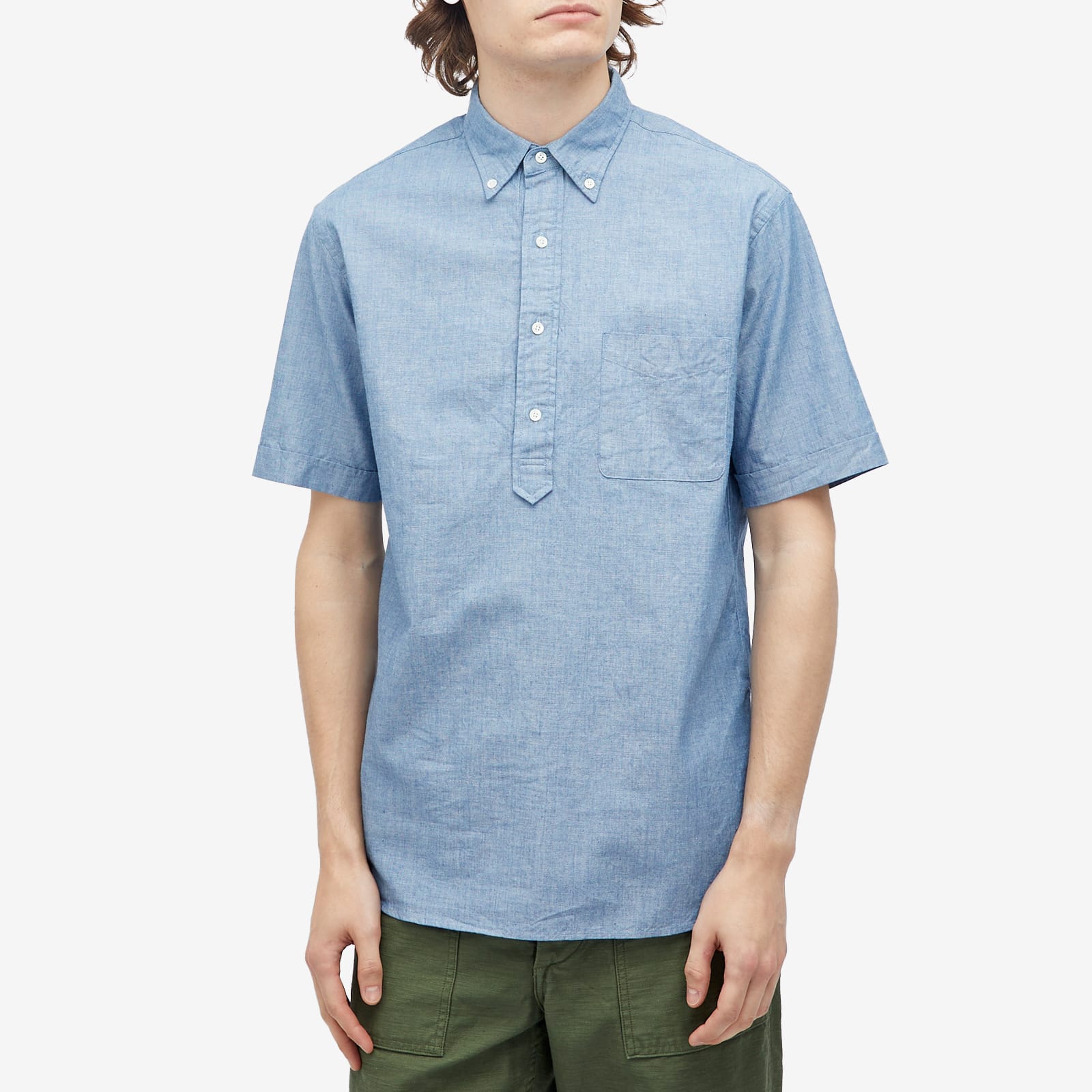 Men's Button Down Popover Short Sleeve Chambray Shirt in Blue
