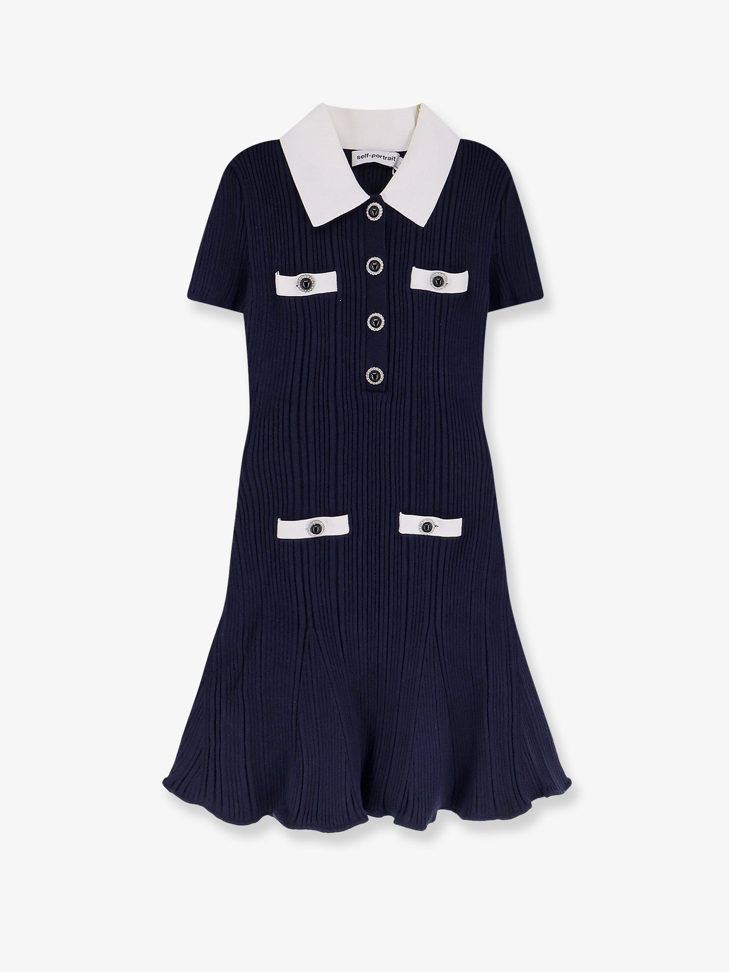 Ribbed Knit with Contrasting Collar Dress — Navy