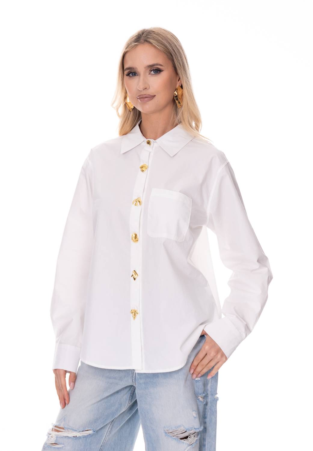 Longsleeve Gold Buttons Down Top In White