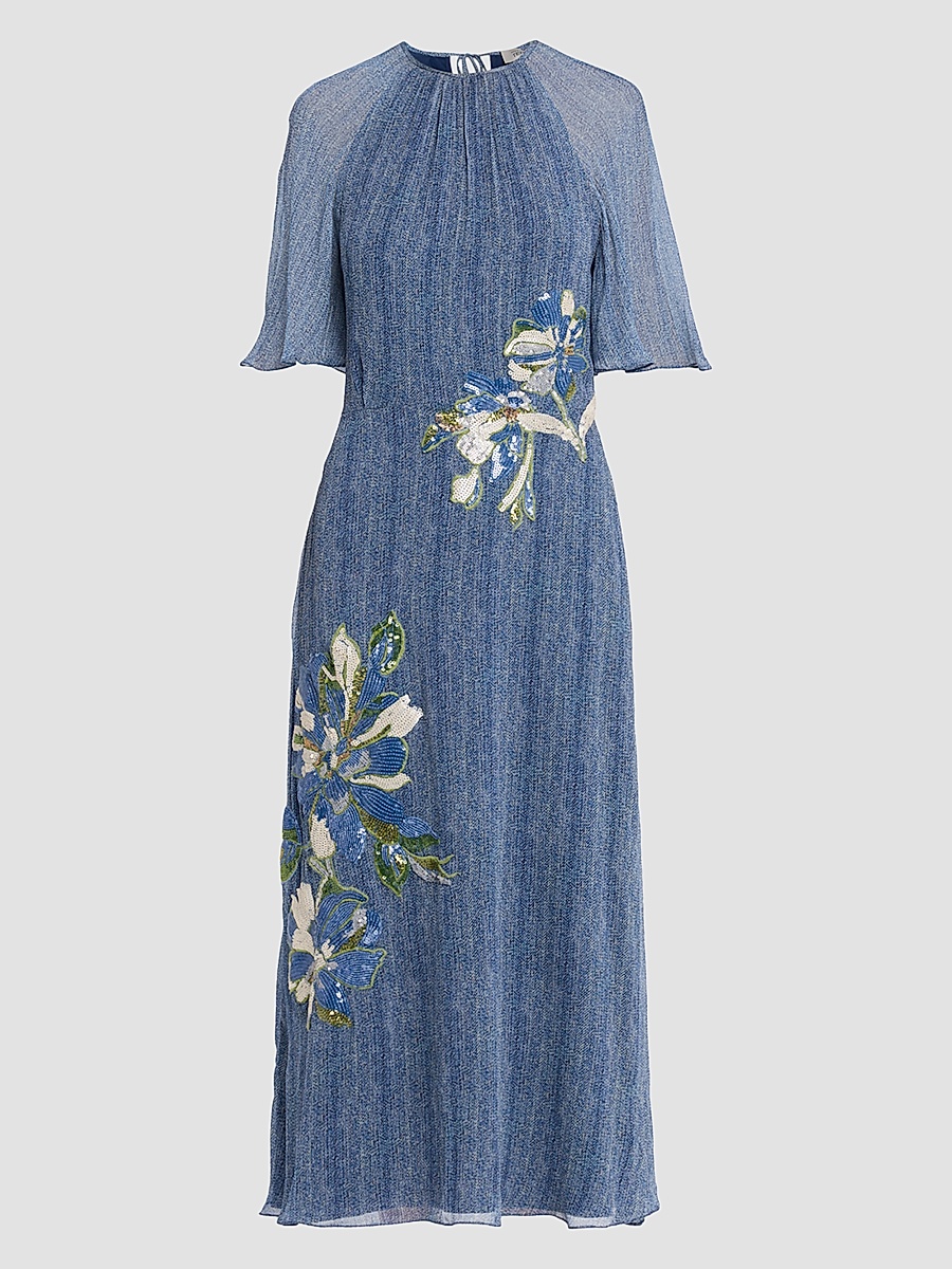 Women's Sequined Floral Silk Chiffon Midi Dress - Blue Multi