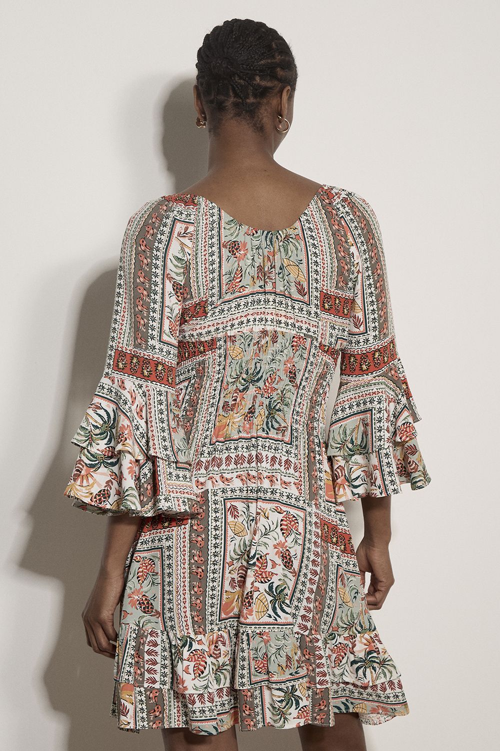 Apricot Women's Patchwork Print Smocked Mini Dress in Mint