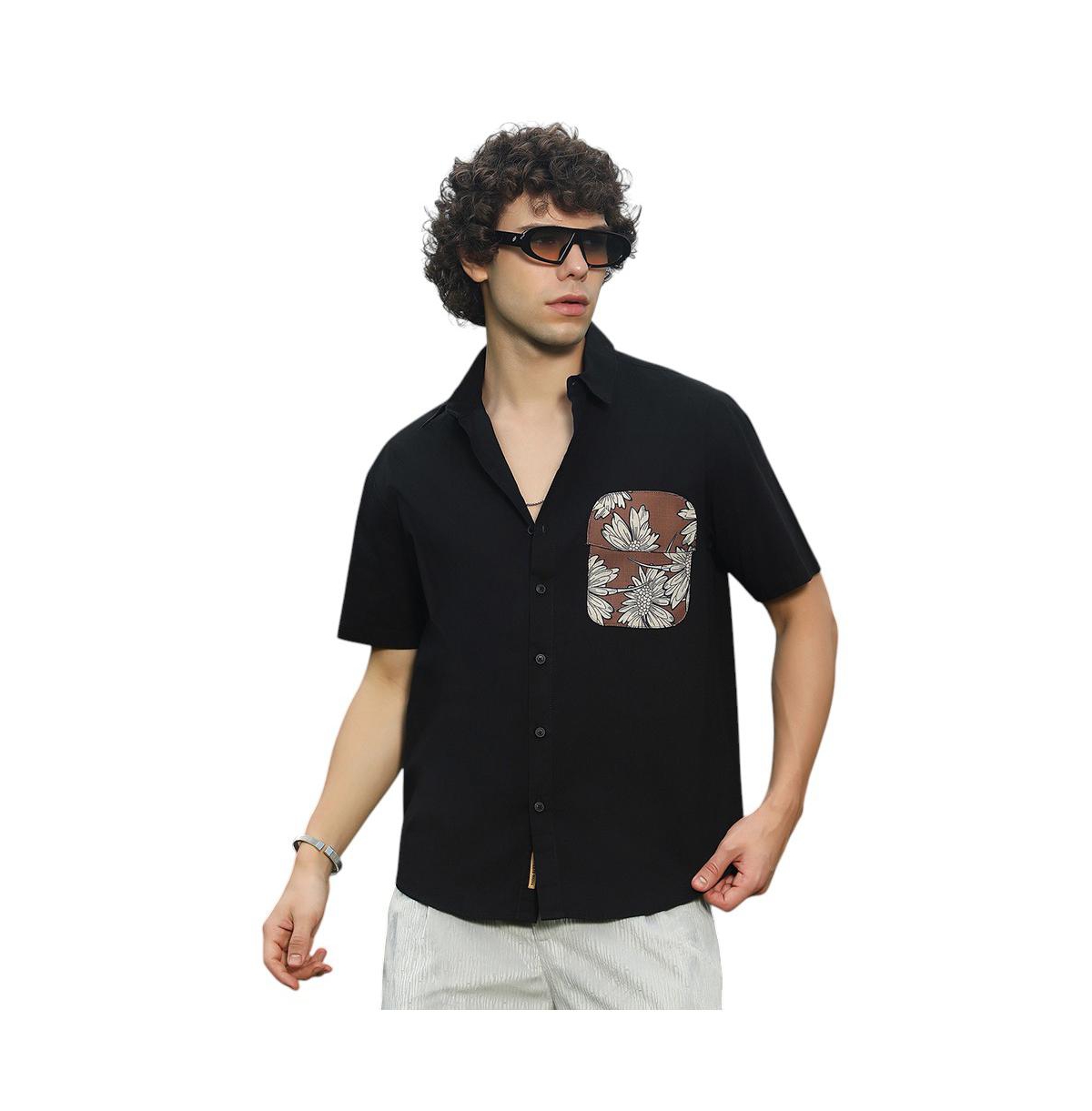 Men's Chocolate Brown & Obsidian Black Flora-Block Shirt - Black