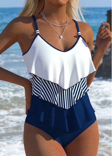 Modlily Mid Waisted Striped Navy Tankini Set