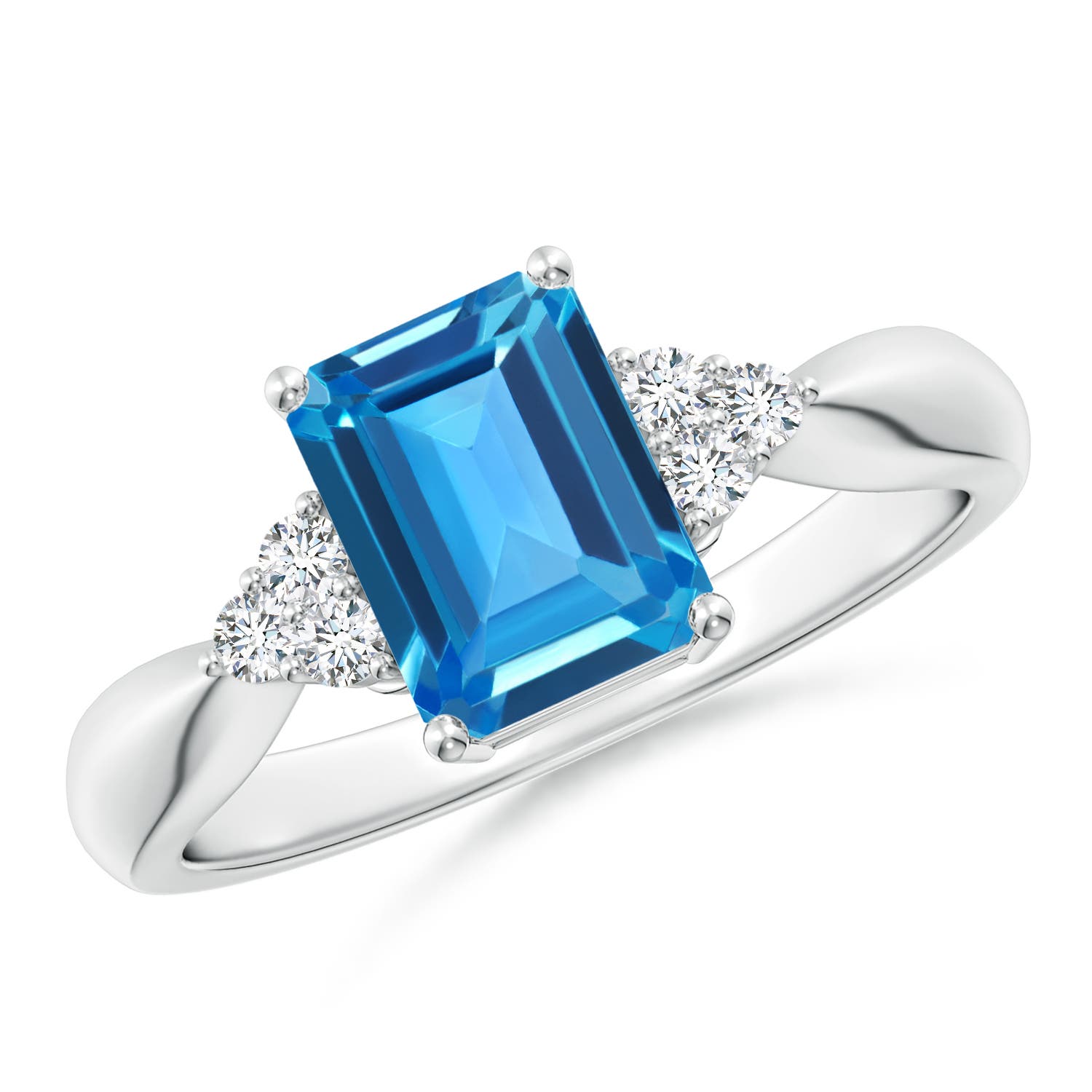 Angara 1.95 Carats Emerald-Cut Swiss Blue Topaz Ring with Trio Diamonds in Platinum