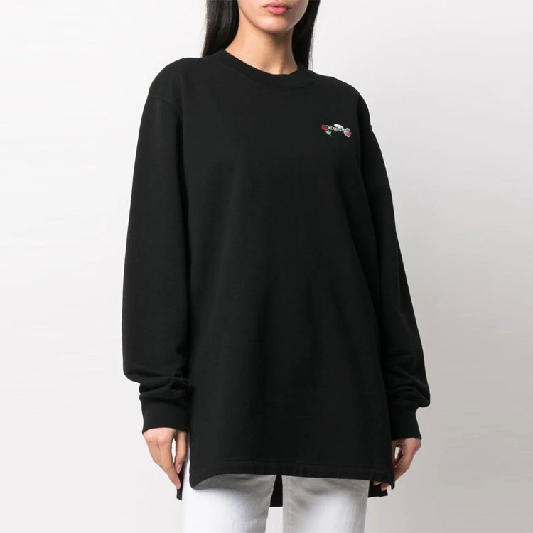 (WMNS) Arrow Embroidered Flowers Sports Long Loose Fit Black Hoodie