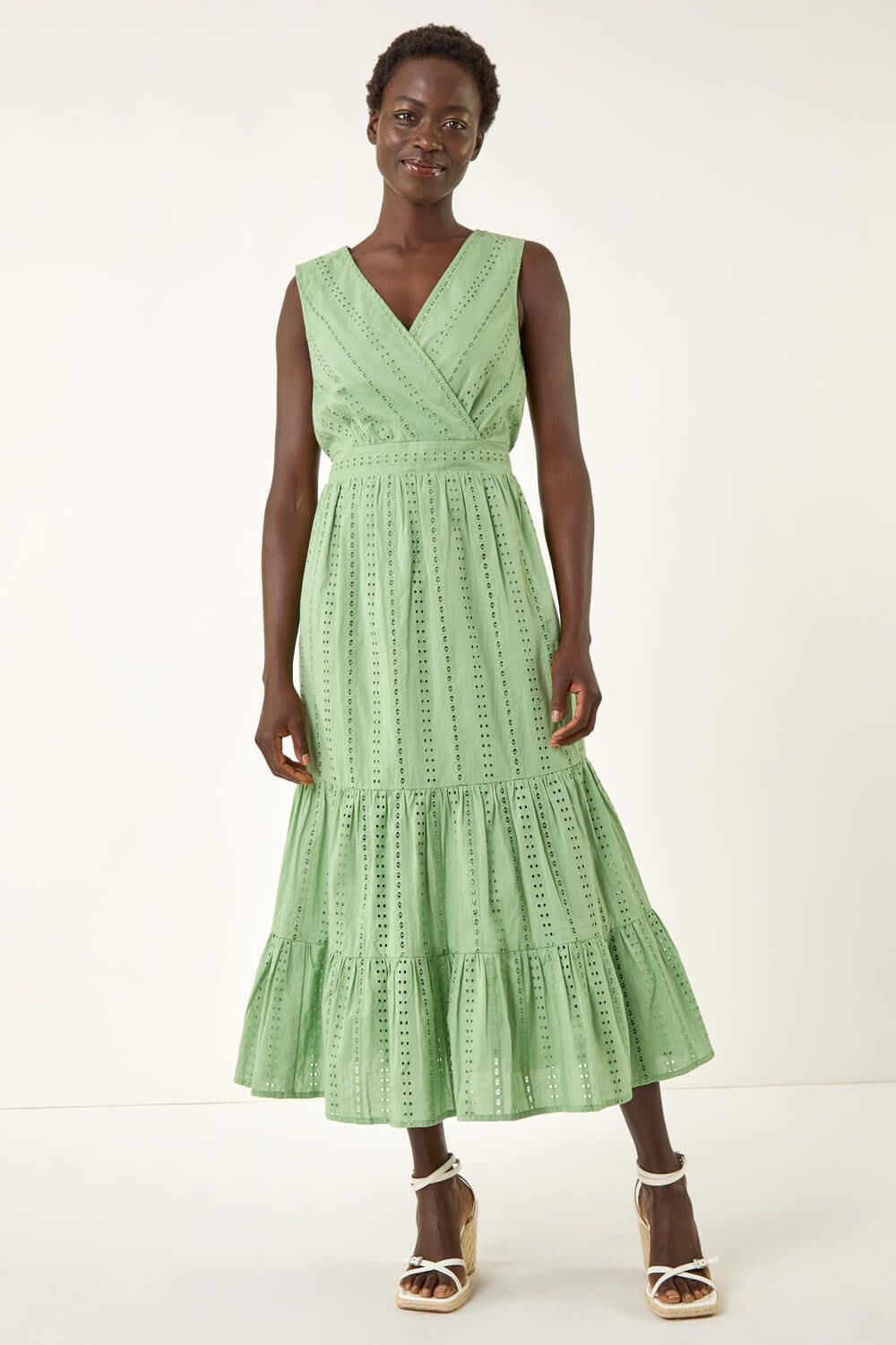 Roman Women's Embroidered V-Neck Midi Dress in Green