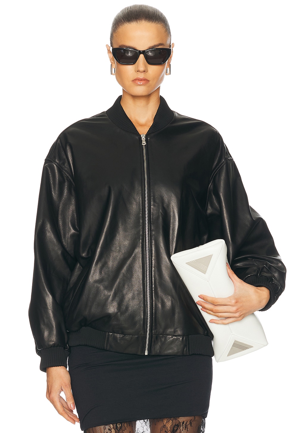 NOUR HAMMOUR Marly Leather Bomber Jacket in Black - Black.  44 also in 34, 36