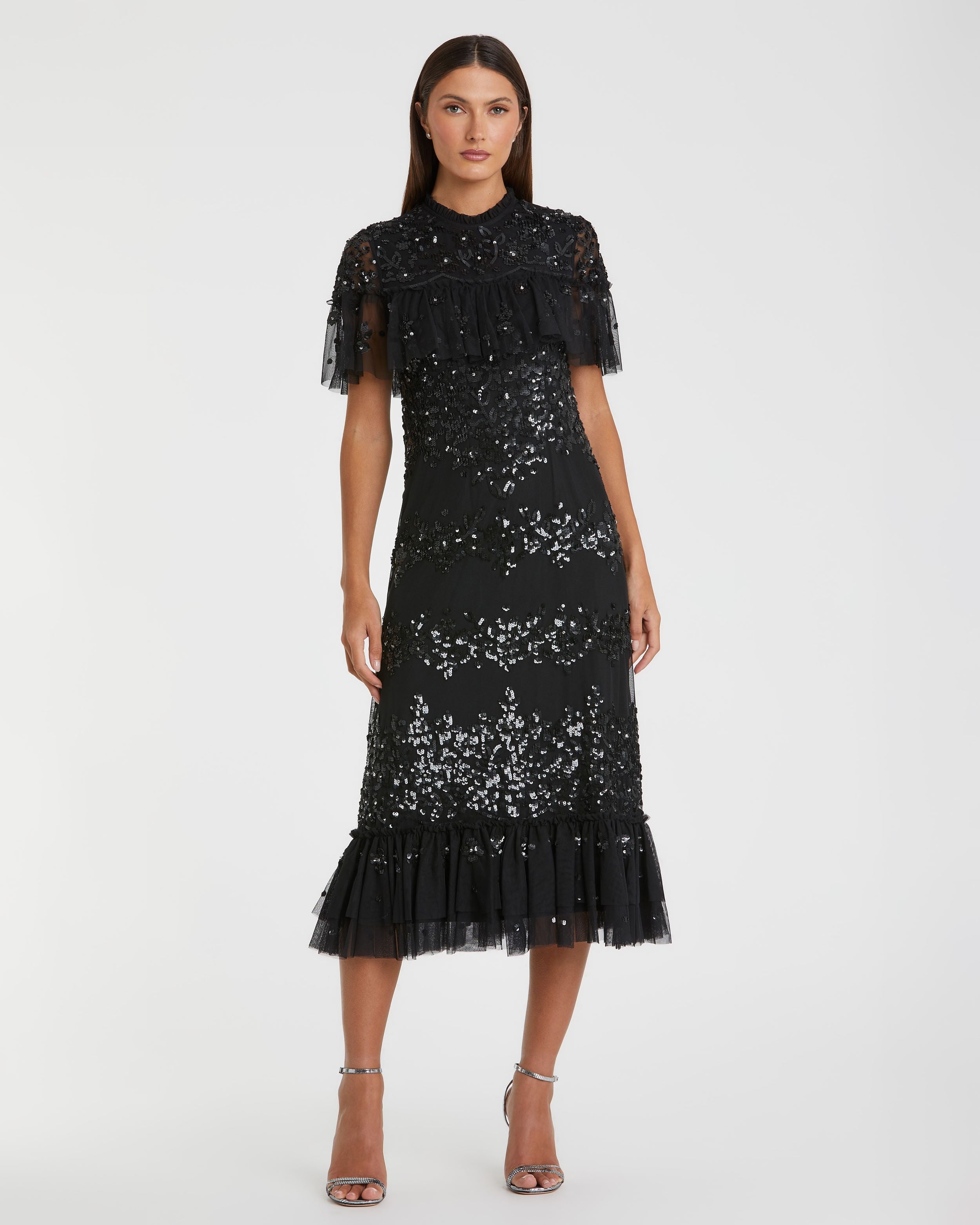 Sequined High Neck Ruffled Flutter Sleeve Wedding Guest Midi Dress In Black
