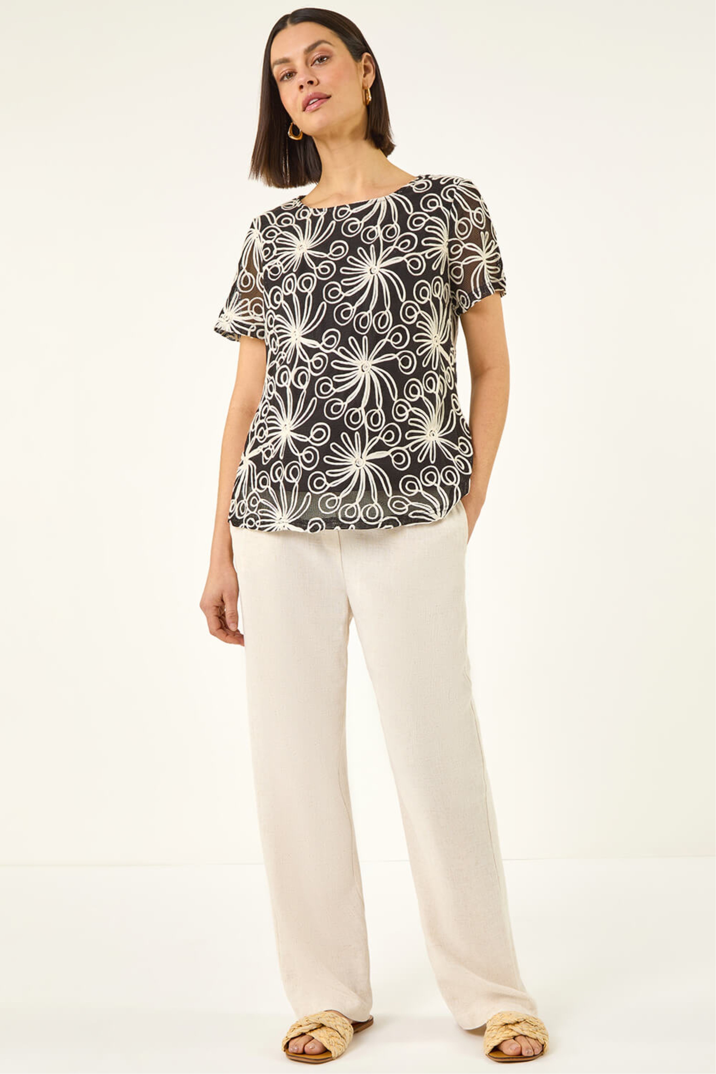 Roman Womens Embroidered Texture Top - Black