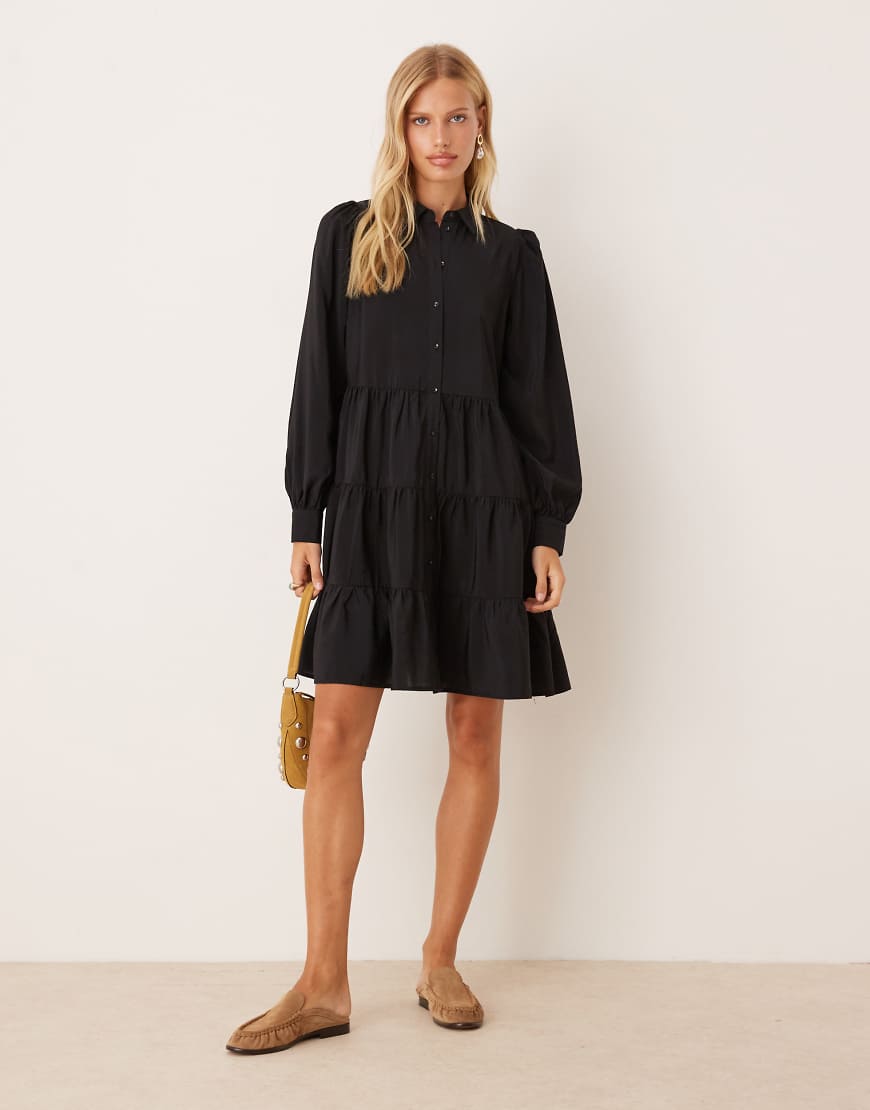Long sleeve tiered mini shirt dress in black