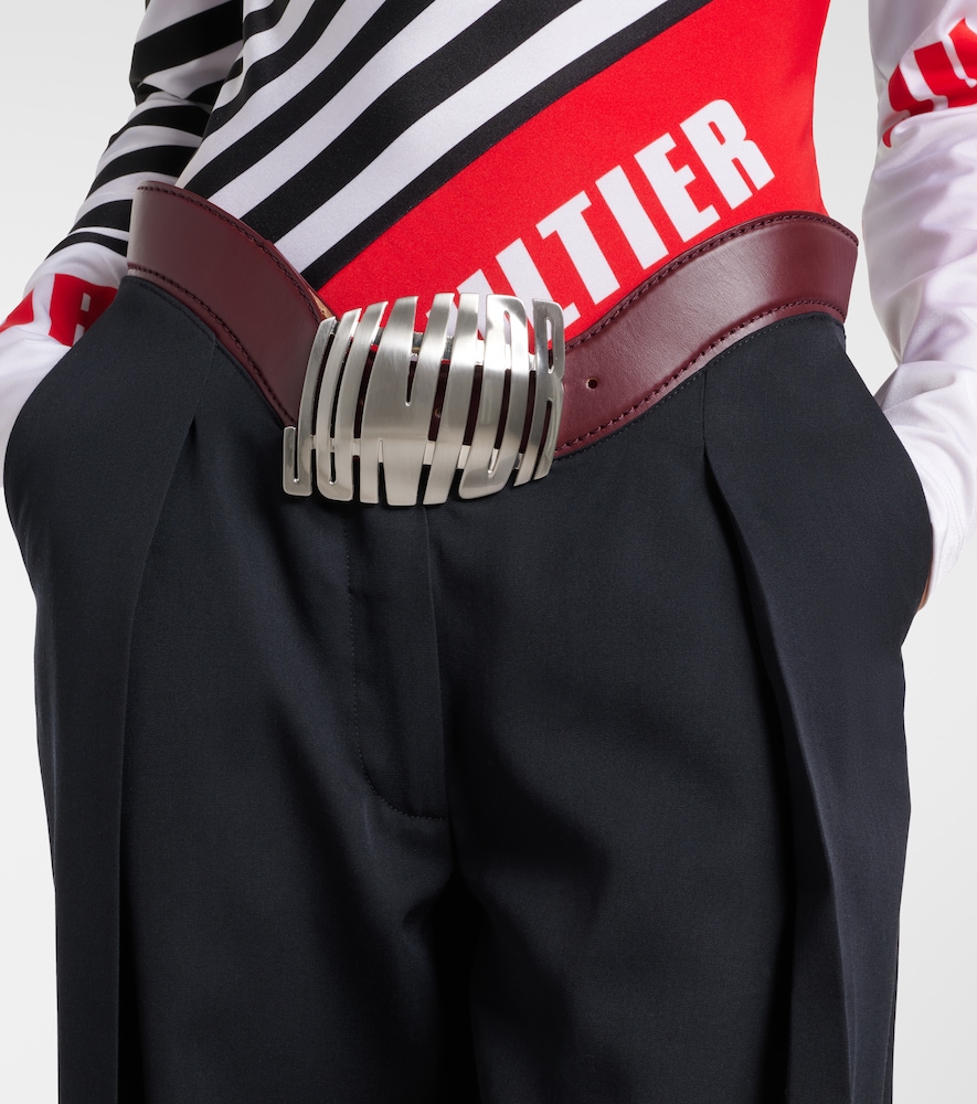 Leather-trimmed wool wide-leg pants
