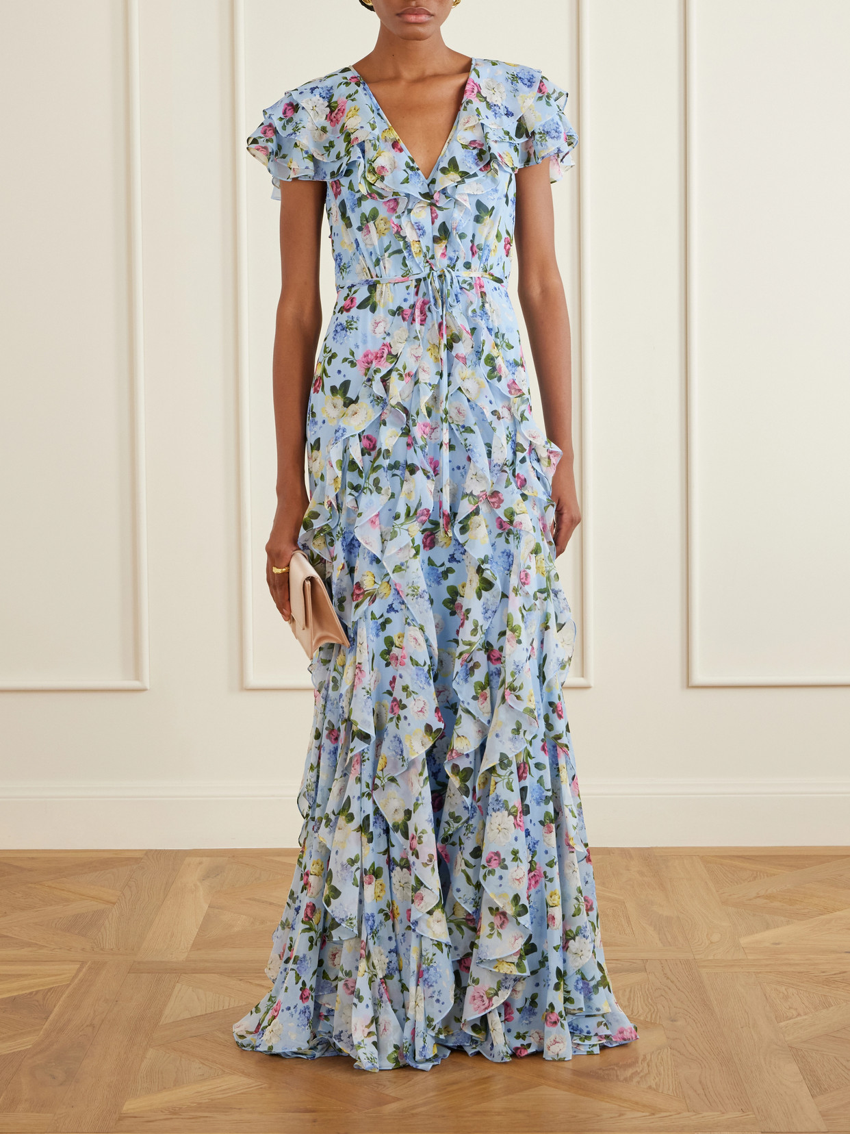 Ruffled Floral-printed Silk Chiffon Gown - Blue