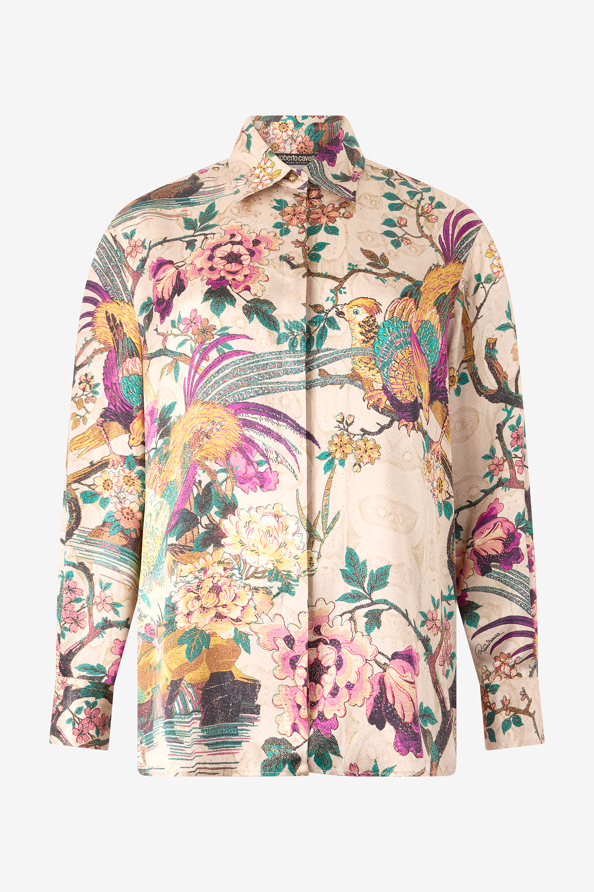 Silk Shirt With Oriental Bird Print
