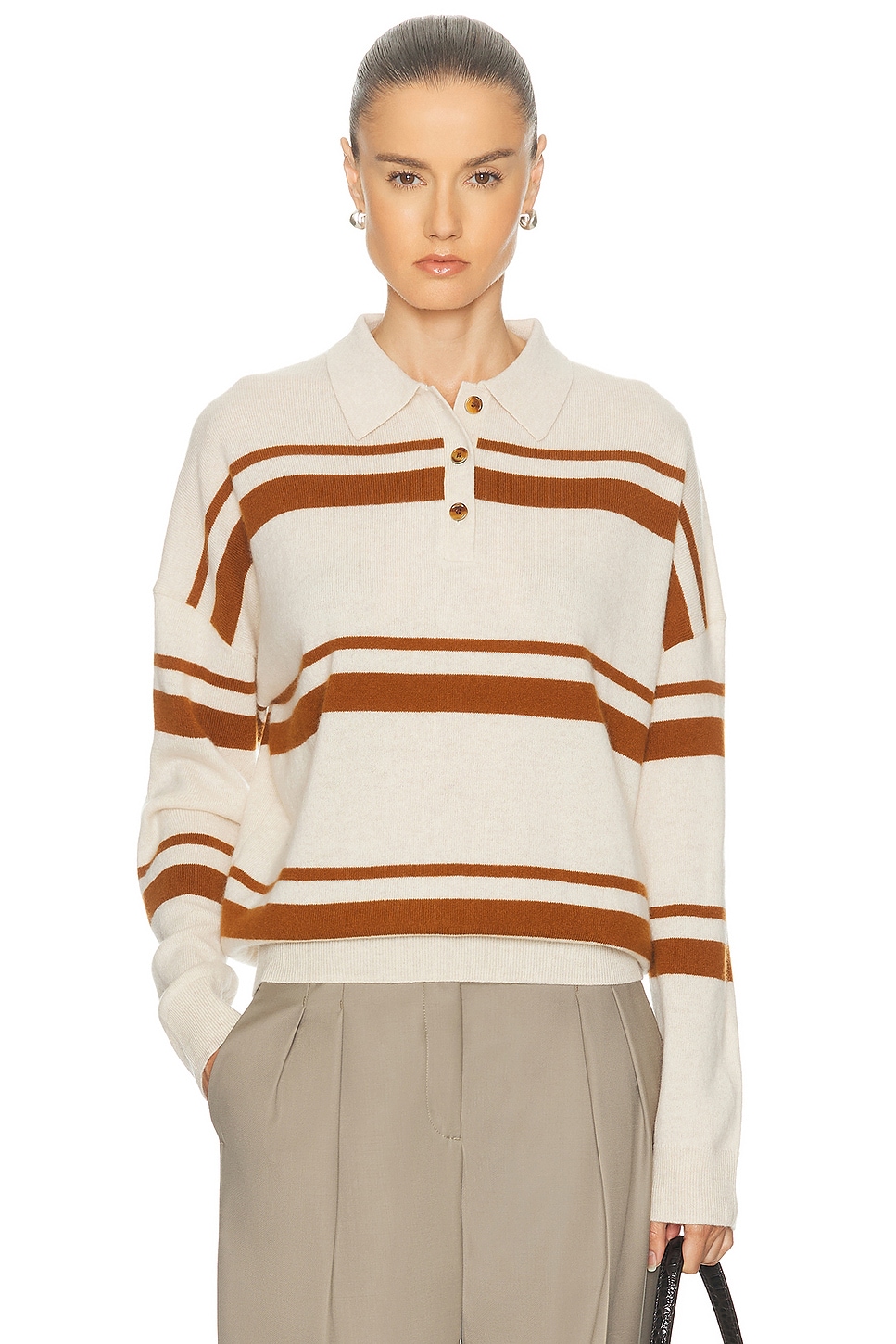 RENGGLI Cashmere Striped Polo Top in Eggshell & Saffron - Ivory. XS also in L, M